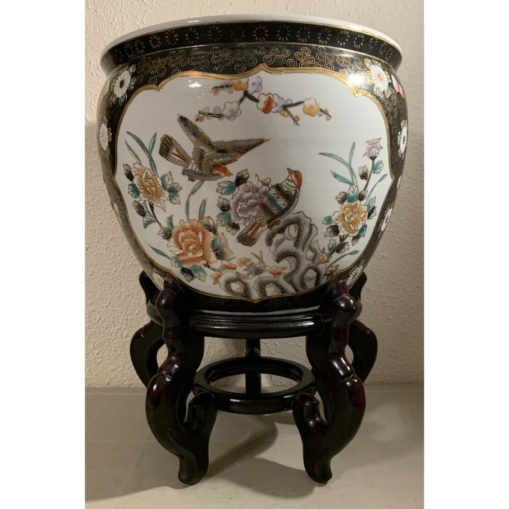 Vintage Large Fish Bowl Chinoiserie Planter Birds Porcelain With Stand